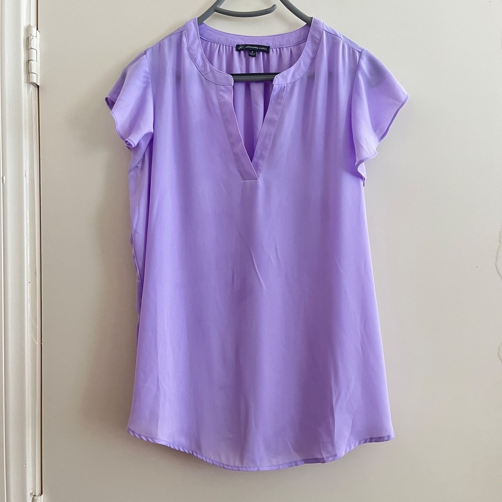 Adrianna Papell Chiffon Semi-Sheer V-Neck Top Purple Pleated Twee Romantic Flowy